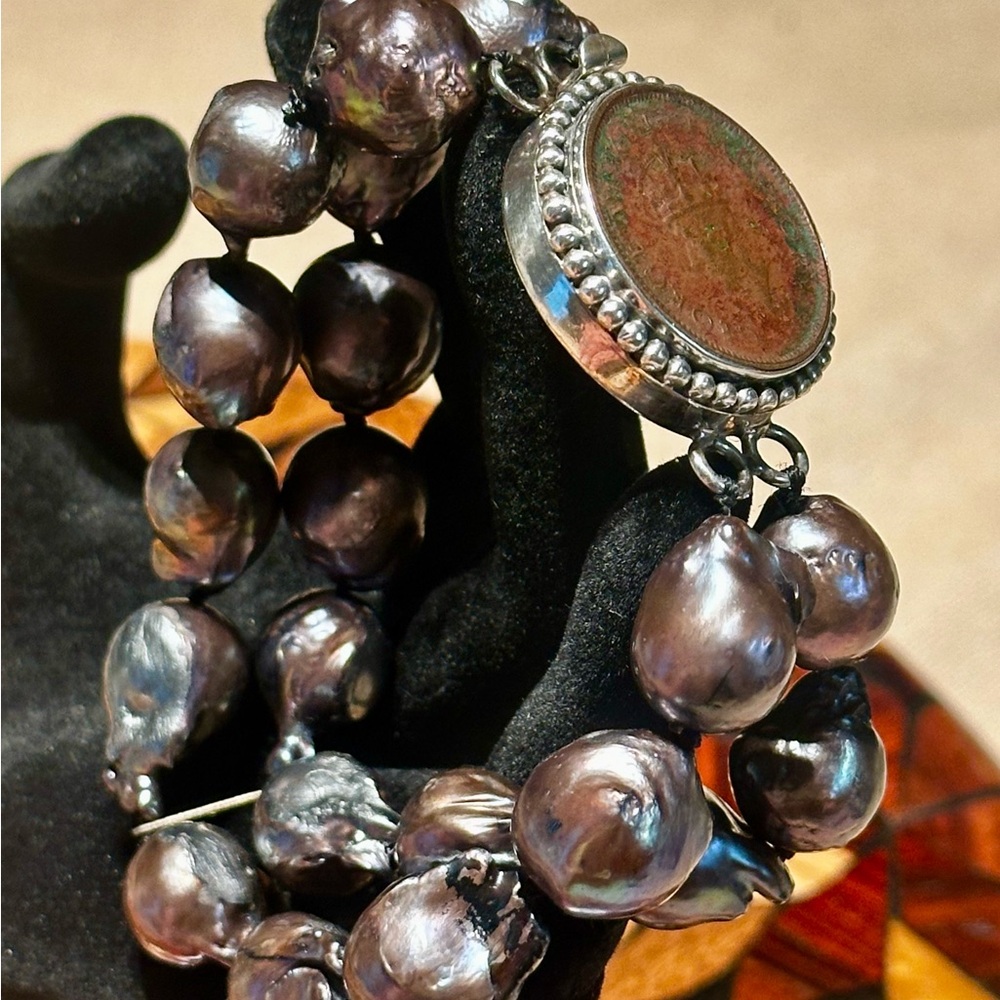 1944 George VI King Emperor Old Silver Half Rupee Dbl Baroque Pearl Bracelet - Picture 2 of 6